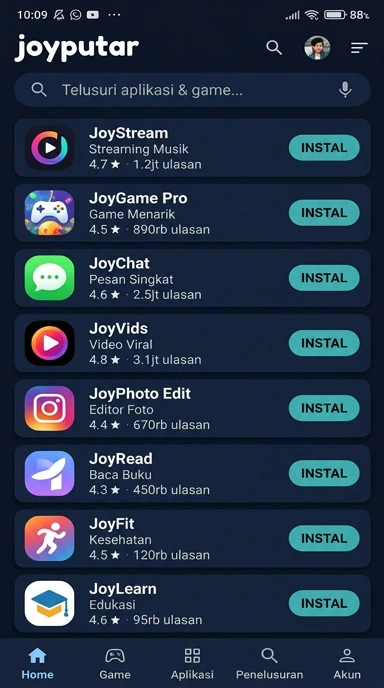 Tampilan katalog aplikasi joyputar